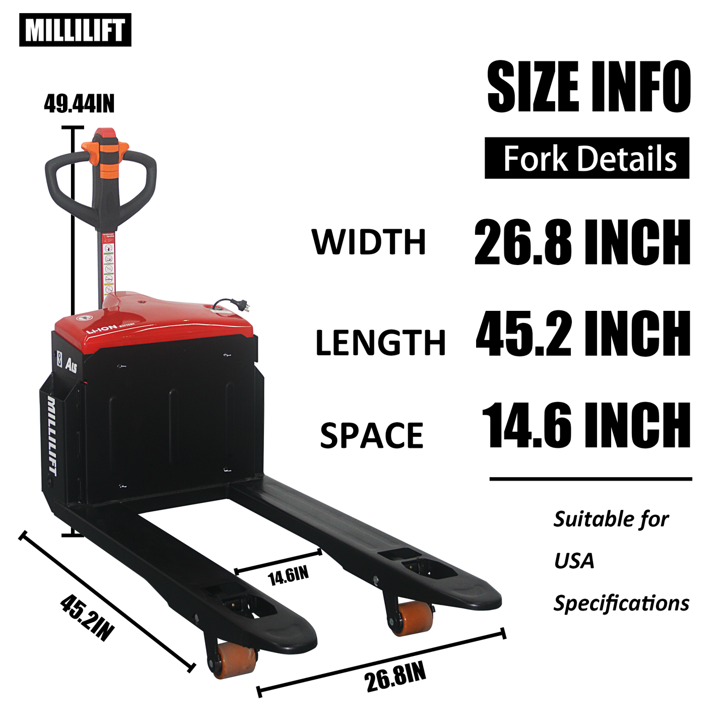 MILLILIFT Electric Pallet Jack, 3300LB Capacity,Heavy-Duty Forks 45"x27", Powerful Drive Motor, 24V 40AH LiFePO4 Battery with Built-in Charger, 2–4H Runtime, for Warehouse,Logistics Company