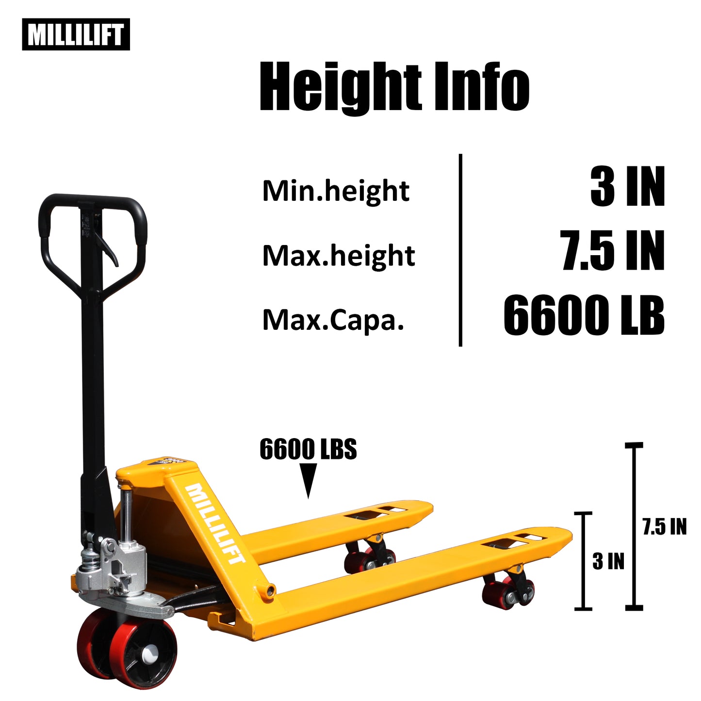 Manual Pallet Jack, Fork Size 48" L x 27" W, 6600LB Capacity, Yellow | Heavy-Duty Hand Pallet Truck for Warehouse, Construction, Market, Port Use | CE Certified